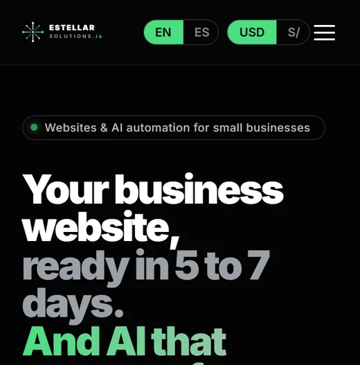 This website on a phone: the home page with the headline about a website ready in 5 to 7 days.